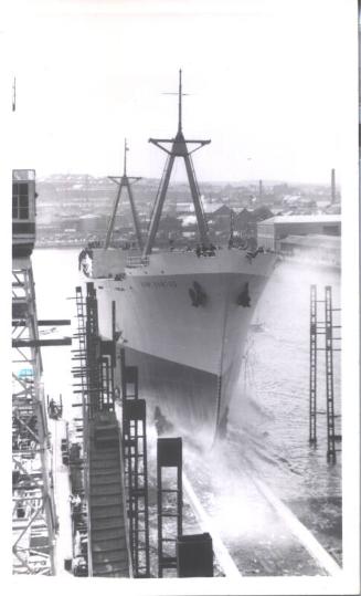 Black and white photograph showing the Cargo Vessel 'Bow Santos' built At Hall Russell,  launch…