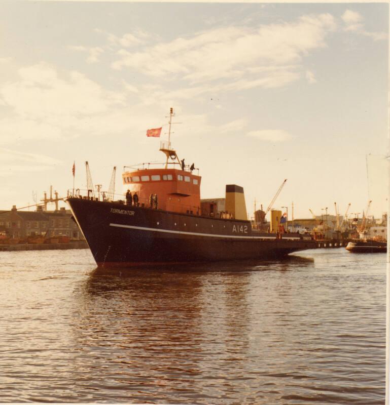 Colour photograph showing torpedo recovery vessel 'Tormentor' afloat after launch