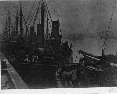 Black and white photograph of Aberdeen Fish Market in the 1920s, fish lying on quayside beside fishing vessels