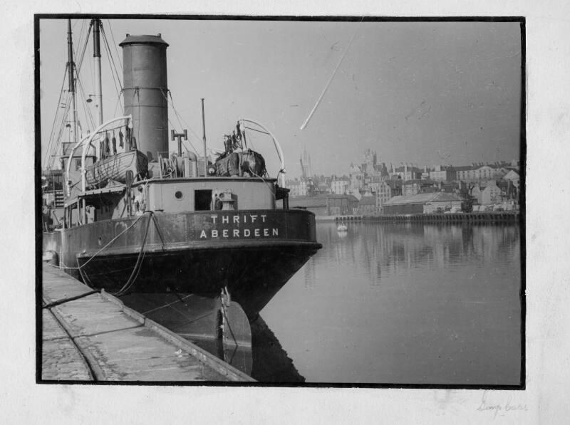 black and white photo showing the collier 'Thrift' at the quayside, Aberdeen Harbour