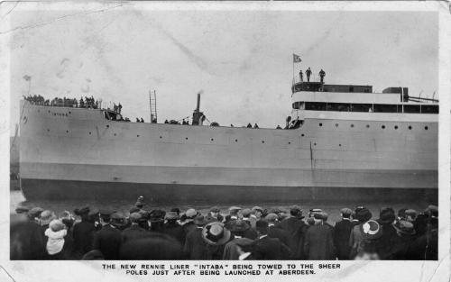 Black & White Postcard of Intaba after launching in Aberdeen Harbour 1910