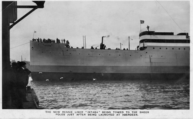 Black & White Postcard of Intaba after launching in Aberdeen Harbour 1910