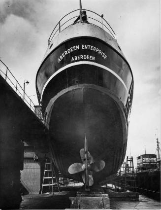 Black and white photograph showing stern view of the 'Aberdeen Enterprise' while the vessel was…
