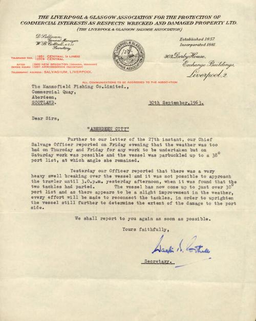 Papers Relating To The Wreck Of The "Aberdeen City", 15/16 Sept, 1963