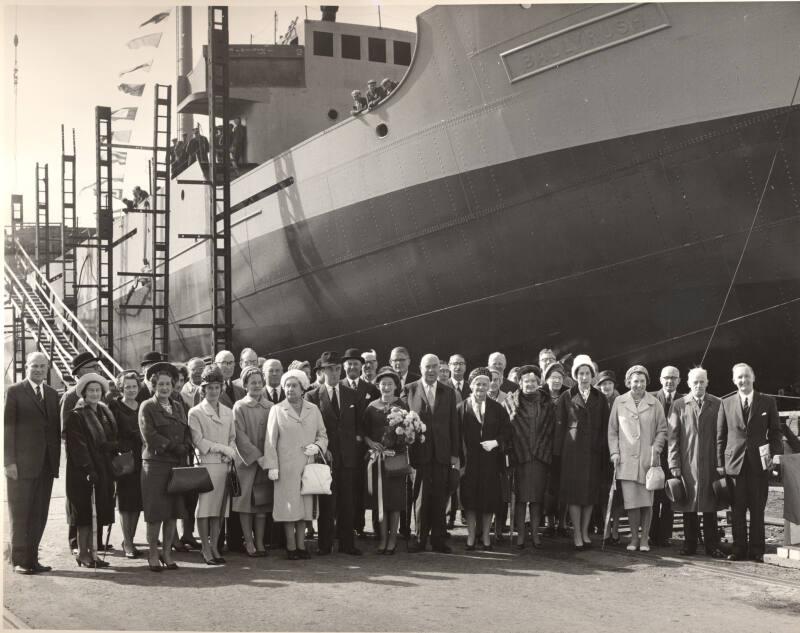 Black and white photograph of the launch of the collier Ballyrush (902) at Hall Russell shipyar…