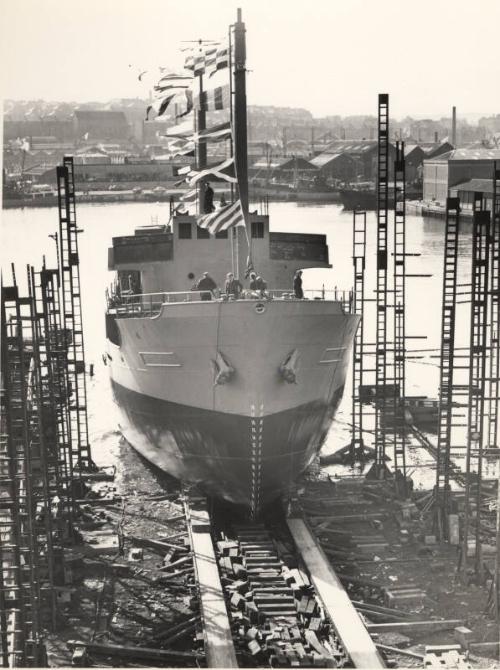 Black and white photograph of the launch of the collier Ballyrush (902) at Hall Russell shipyar…