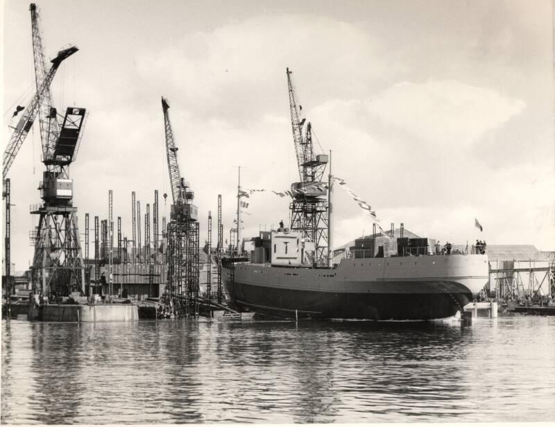 Black and white photograph of the launch of the collier Ballyrush (902) at Hall Russell shipyar…