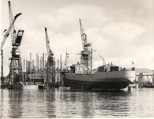 Black and white photograph of the launch of the collier Ballyrush (902) at Hall Russell shipyar…