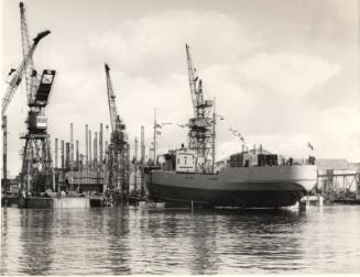 Black and white photograph of the launch of the collier Ballyrush (902) at Hall Russell shipyar…