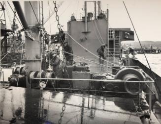Black and white photograph of the collier Ballyrush (902) at Hall Russell shipyard