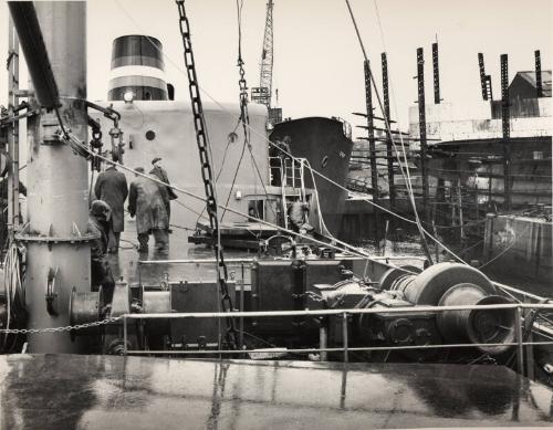 Black and white photograph of the collier Ballyrush (902) at Hall Russell shipyard