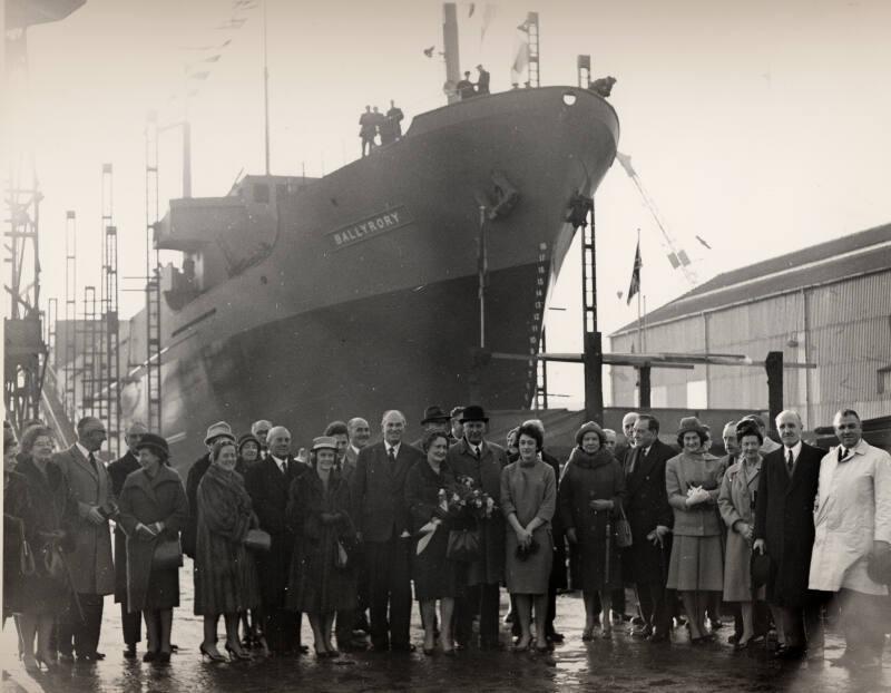 Black and white photograph of the launch of collier Ballyrory (903) at Hall Russell