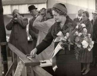 Black and white photograph of the launch of collier Ballyrory (903) at Hall Russell