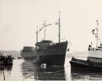 Black and white photograph of the launch of collier Ballyrory (903) at Hall Russell