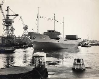 Black and white photograph of the launch of collier Ballyrory (903) at Hall Russell