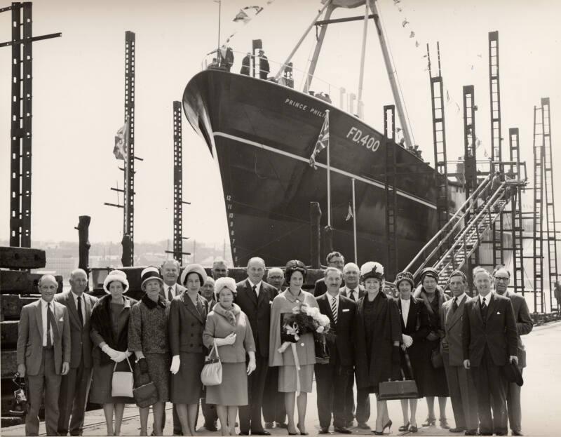 Black and white photograph showing the launch of the trawler Prince Philip (905) at Hall Russel…