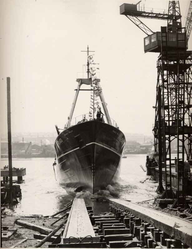 Black and white photograph showing the launch of the trawler Prince Philip (905) at Hall Russel…