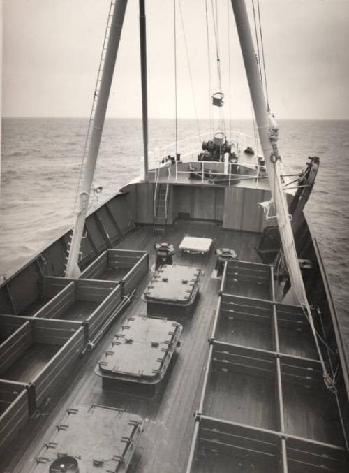 Black and white photograph showing the launch of the trawler Prince Philip (905) at Hall Russell shipyard