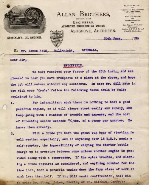 Allan Brothers to James Reid: on Paraffin and Crude Oil Engines, and Job for Brucefield