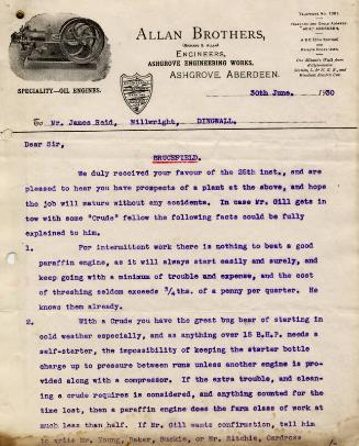 Allan Brothers to James Reid: on Paraffin and Crude Oil Engines, and Job for Brucefield