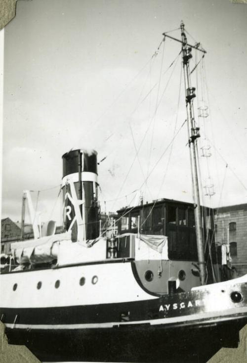 Black and White Photograph in album of tug 'Aysgarth' in Aberdeen Harbour