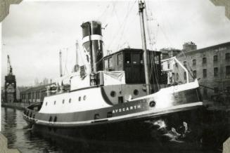 Black and White Photograph in album of tug 'Aysgarth' in Aberdeen Harbour