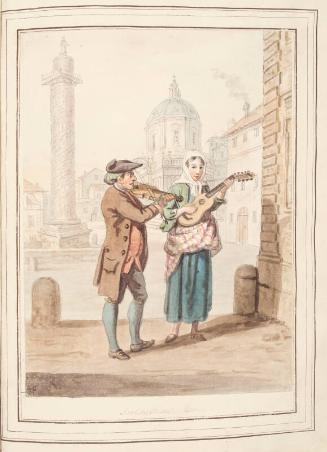 Strolling Fiddlers, Rome, leaf from 'A Collection of Dresses by David Allan Mostly from Nature'