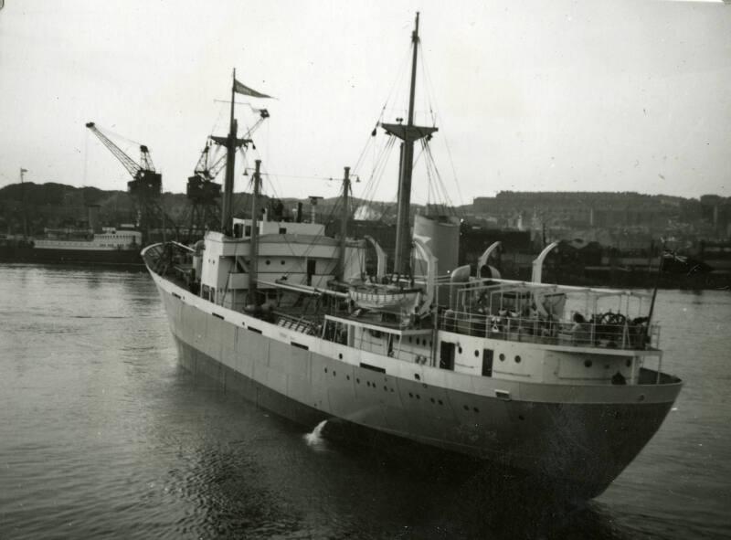 Black and White Photograph in album of 'Borre' under way in Aberdeen harbour after fitting out