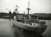 Black and White Photograph in album of 'Borre' under way in Aberdeen harbour after fitting out