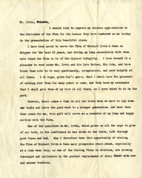 Speech Given By Mr Bowman On His Retirement from Richard Irvin and Sons