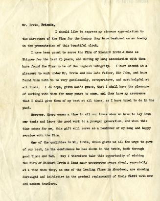 Speech Given By Mr Bowman On His Retirement from Richard Irvin and Sons