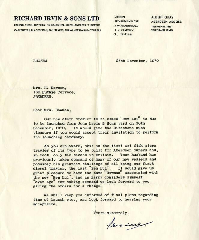 Letter inviting Mrs Bowman to perform the launching ceremony of the diesel trawler, Ben Lui