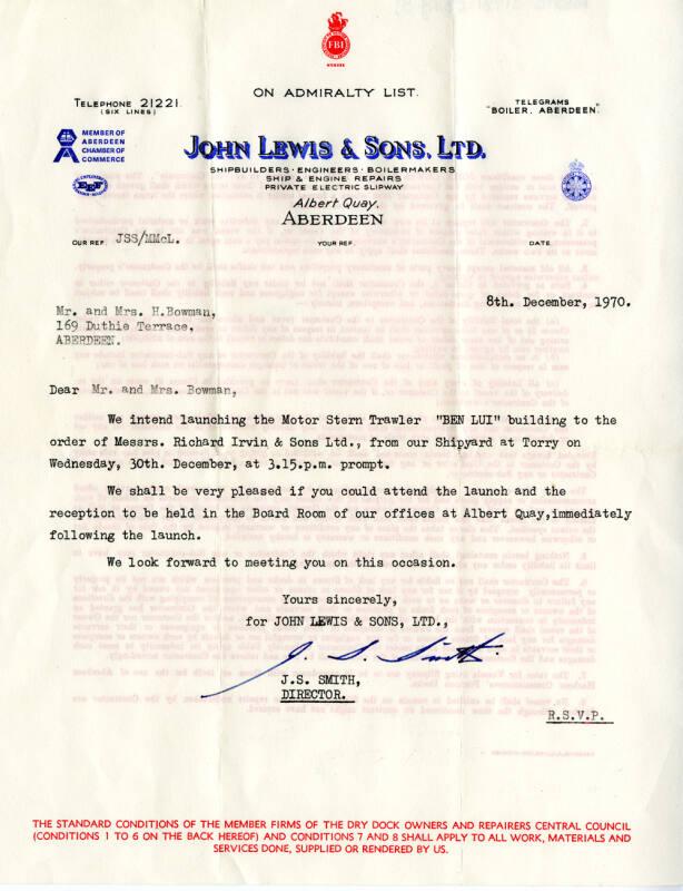 Invitation to the launch of the diesel trawler, Ben Lui