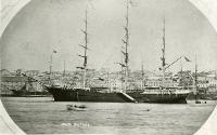 black and white Postcard showing the sailing ship 'John Duthie' at Circular Quay, Sydney, 1867