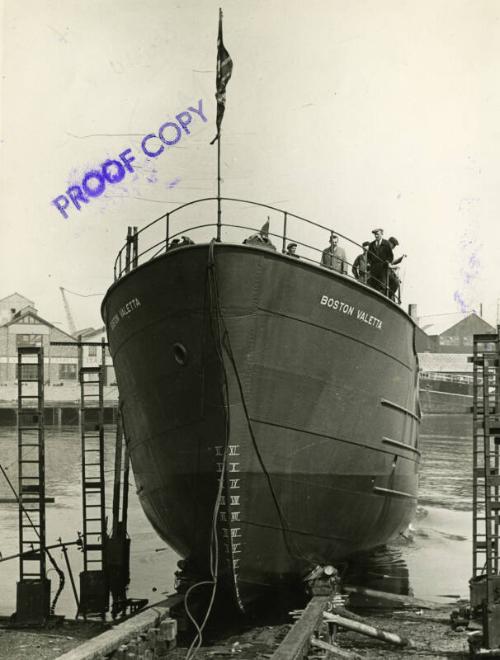 Photograph showing the launch of the trawler Boston Valetta