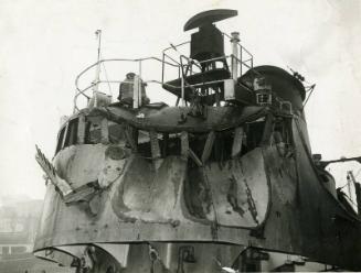 Photograph showing storm damage to the wheelhouse of the trawler Thornella