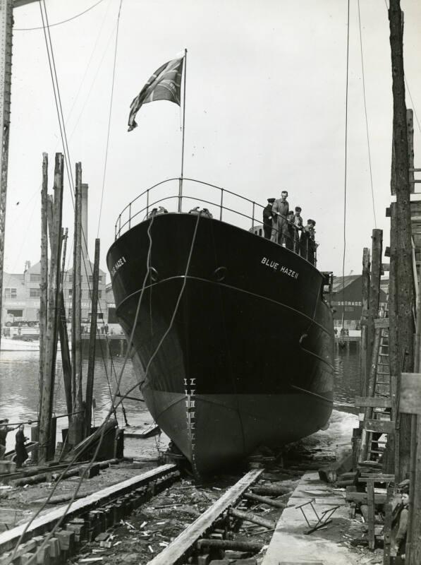 Photograph showing the launch of the trawler Blue Haze II