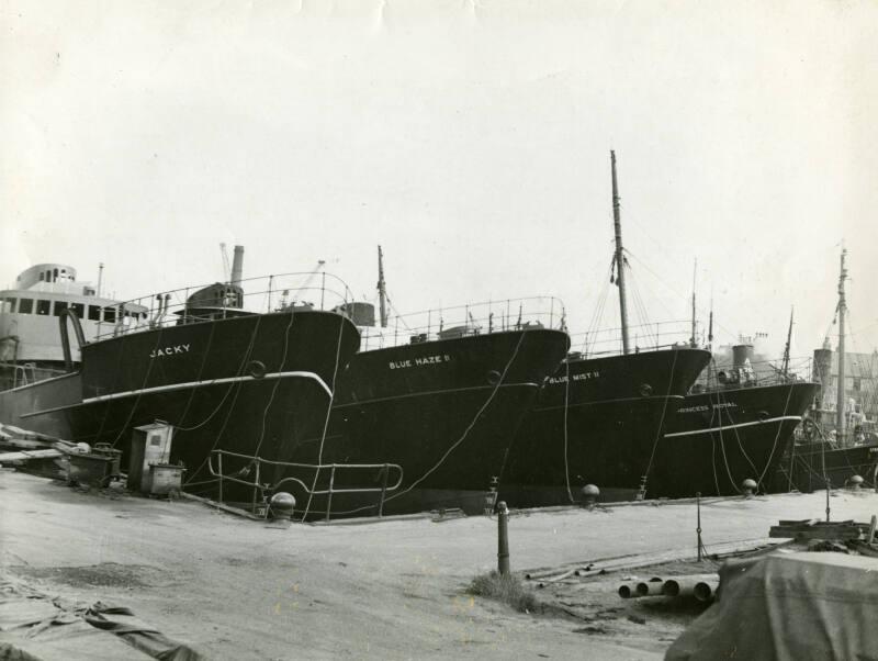 Photograph showing the trawlers Jacky (Boston Firefly), Blue Haze II, Blue Mist II and Princess…