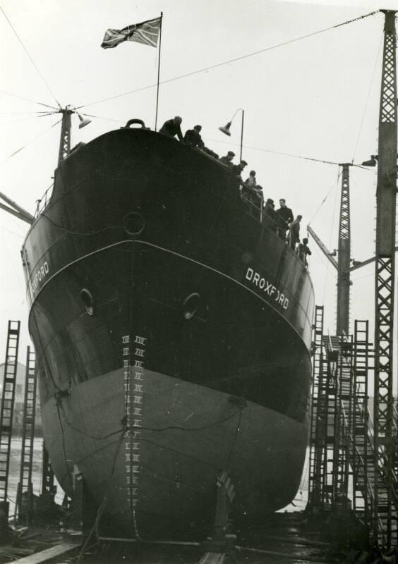 Photograph showing the launch of the salvage vessel Droxford