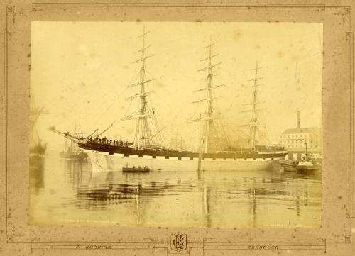 Black and white photograph showing the three-masted ship 'Yallaroi', built by Alex Hall & Co