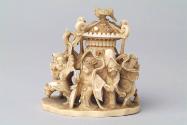 Japanese Okimono Carving of The Seven Deities of Good Fortune Dancing around a Shrine