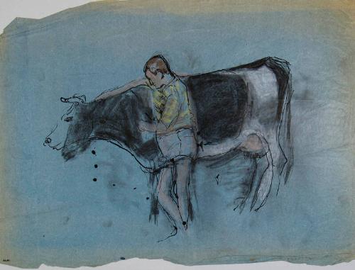 Fat Man with Black and White Cow, Lincolnshire