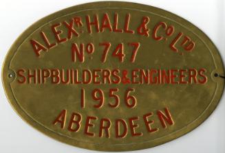 Builder's Nameplate for the Fishery Research Vessel 'Explorer' Alex Hall Ship no. 747