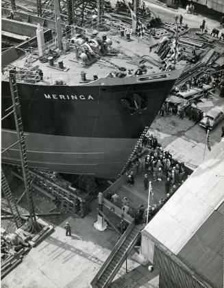 Black and white photograph Showing the launching ceremony of 'Meringa' at Hall Russell Shipyard