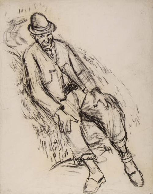 Man Sitting on Bank, wearing Clogs