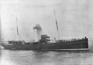 Black/white photograph showing starboard side of the cargo and passenger steamship 'Hogarth', w…