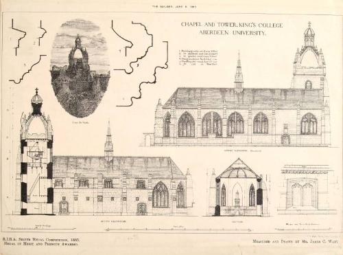 Plans of Local Architectural Features - Chapel and Tower,  King's College, Aberdeen University (printed page)