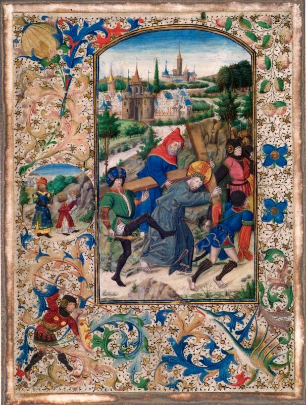 Simon Assists in Carrying The Cross - One of four Illuminated pages from a Book of Hours