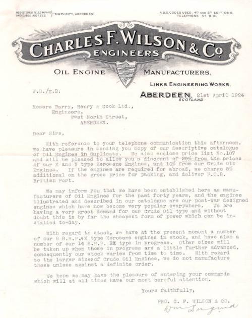 Letter to Barry, Henry & Cook: Reference Stock, Oil Engine Catalogue amd Prices