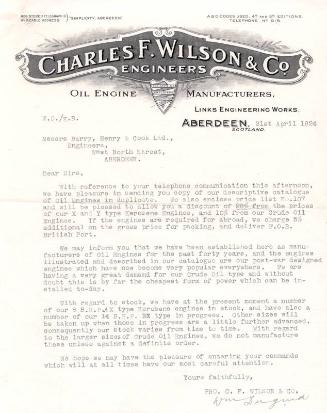 Letter to Barry, Henry & Cook: Reference Stock, Oil Engine Catalogue amd Prices